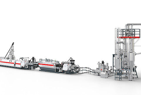 <p>Post-consumer recycling at top level: Starlinger’s new system setup combines a recoSTAR dynamic recycling extruder with the viscoZERO melt phase decontamination reactor and the PCU<sub>plus</sub> pellet flusher, achieving super-cleaning and odor reduction for PP, PE, PS and PET. ©Starlinger</p>